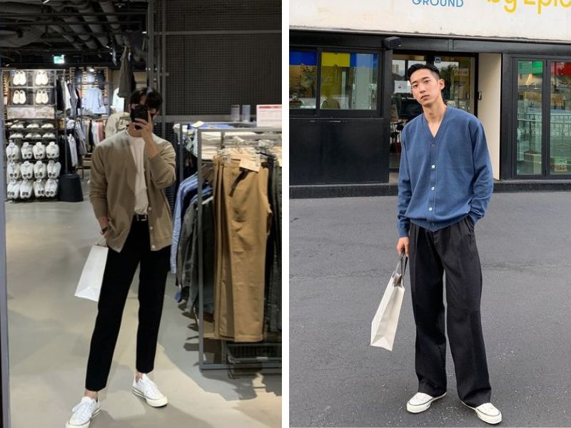 Mix quần ống rộng đen với áo cardigan 