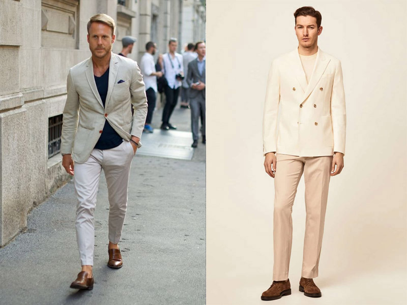 Cách mix blazer trắng với áo thun và quần kaki giúp cho quý ông có ngoại hình tinh tế và thanh lịch, là hình mẫu của một người đàn ông trưởng thành