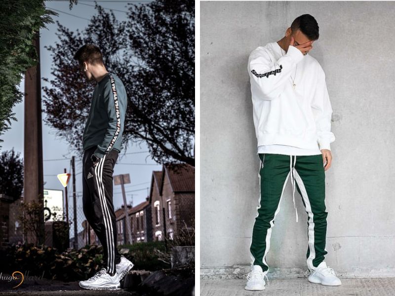 Quần jogger sọc trắng phối với áo nỉ