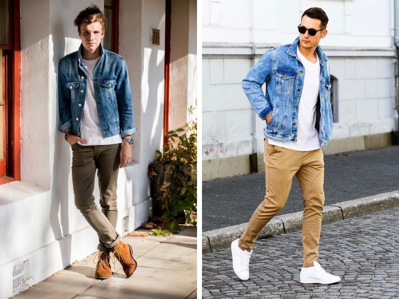 Phối đồ với denim jacket nam và quần chinos