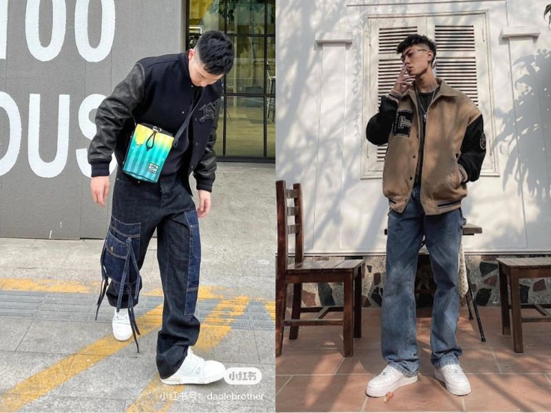 Quần jean trẻ trung mix áo bomber họa tiết