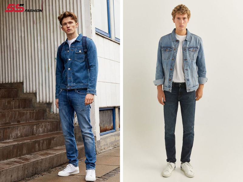 Phối quần jean áo thun nam với áo khoác jeans