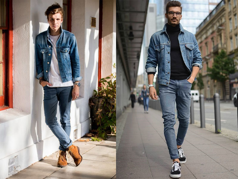 Áo khoác jeans phối với quần kaki độc đáo, bụi bặm và có sức cuốn hút