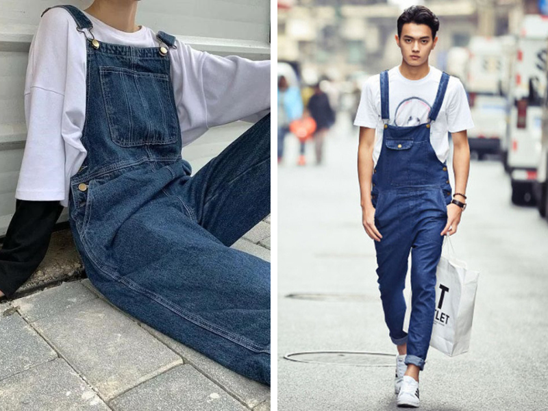 Quần yếm jean nam denim xanh phối với áo phông trắng basic