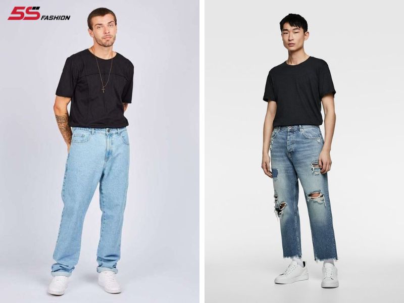 Phối đồ với áo thun đen nam cùng quần jeans xanh