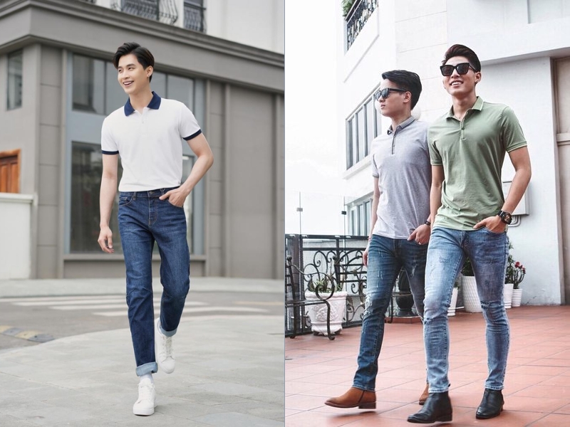 Phối đồ nam đi du lịch mùa hè với quần jeans và áo polo