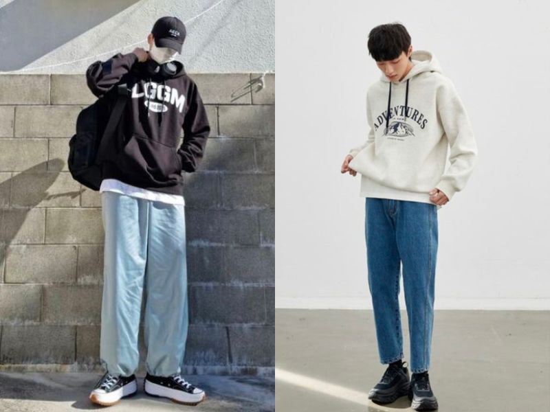 Áo hoodie phối đồ với quần jean ống rộng