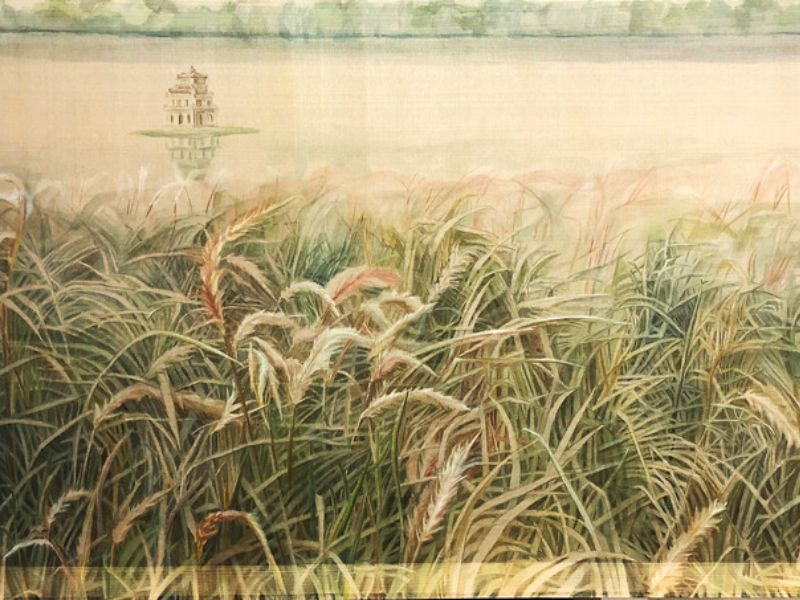Tác phẩm tranh lụa nghệ thuật  "Hồ Gươm" của tác giả Trang Ngà.