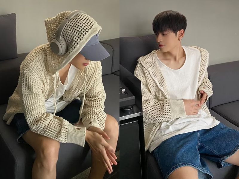 Áo khoác lưới nam kiểu cardigan dệt kim dáng rộng có khóa kéo 