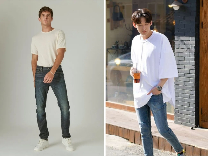 Kết hợp quần jeans với áo thun tay ngắn đơn giản, dễ mặc