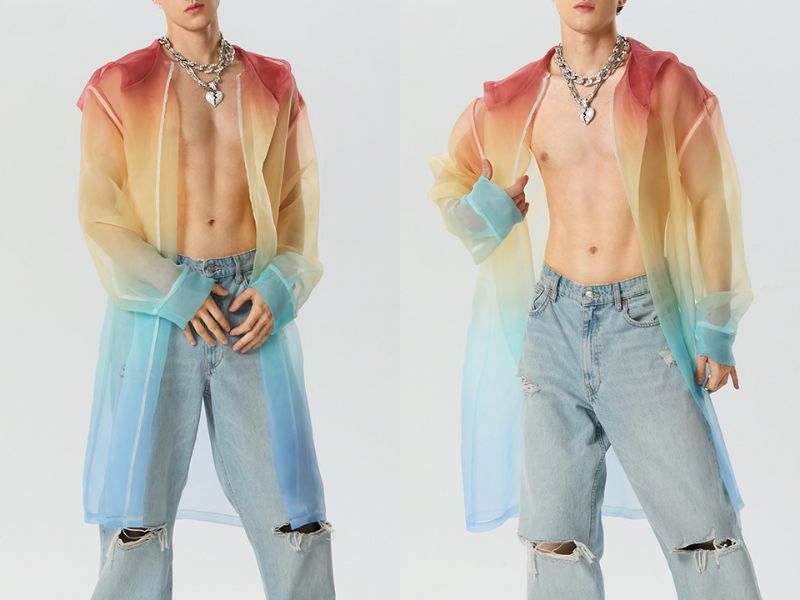 Áo khoác lưới nam tay dài có nón màu gradient kiểu Kimono