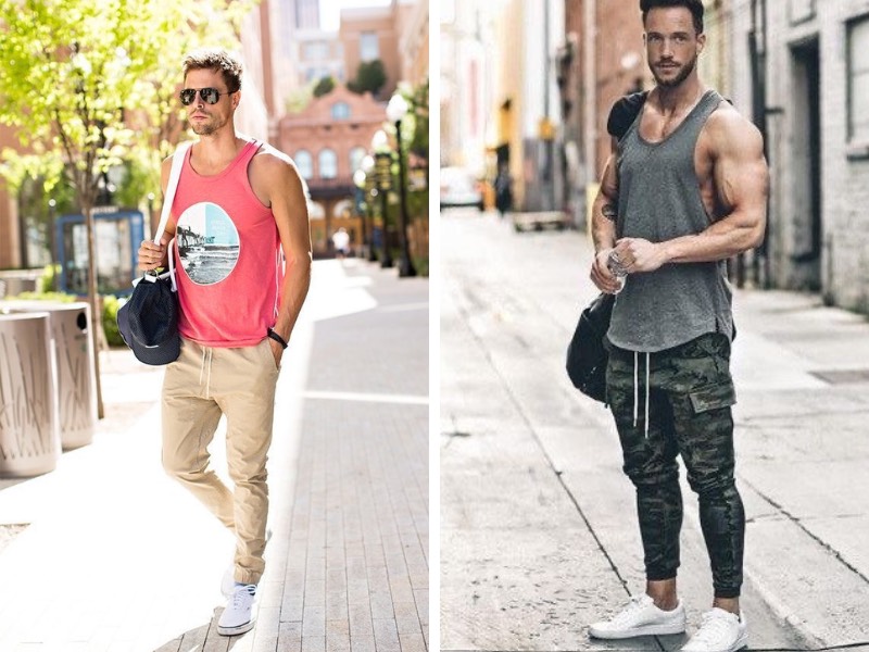 Mix áo tanktop cùng quần jogger kaki nam 