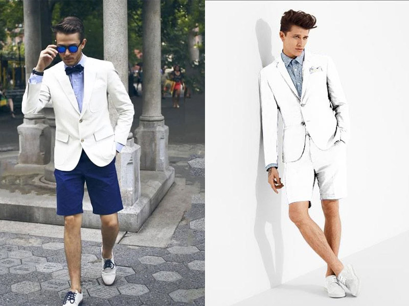 Vào những ngày nắng nóng hoặc những ngày đi dạo, đánh golf thì các quý ông có thể mix blazer trắng với quần shorts sẽ giúp cho các quý ông thoải mái và tự tin hơn