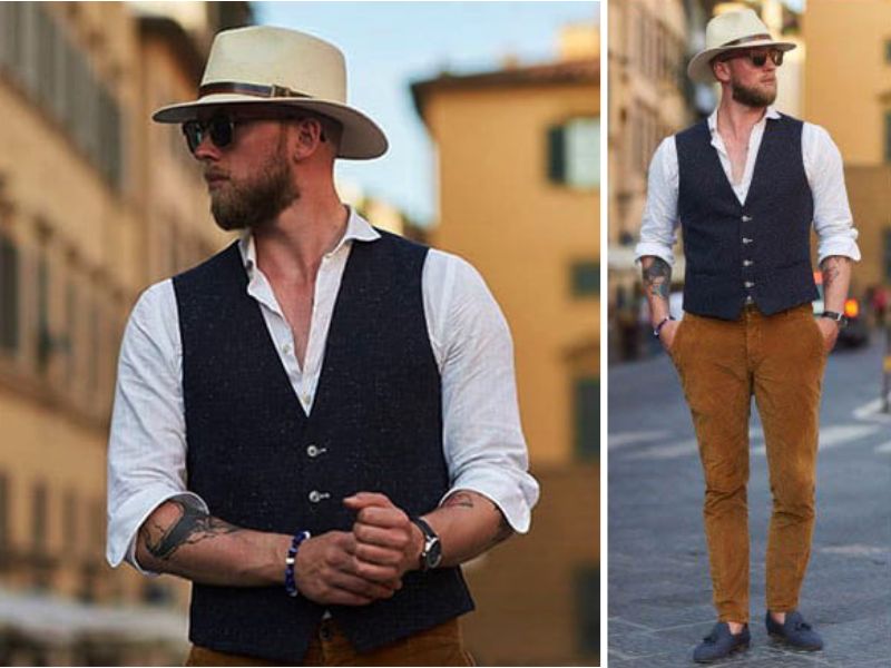 Mũ Fedora phối outfit sơ mi, gile, quần tây