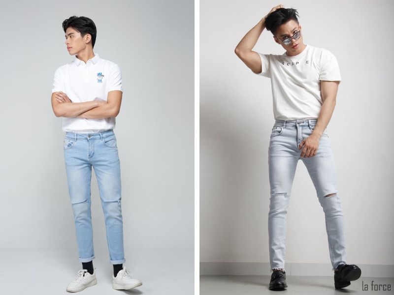 Áo thun/ polo sáng màu và quần jeans