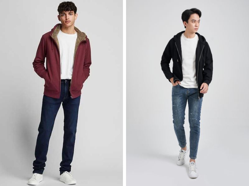 Áo khoác nỉ nam không mũ phối cùng quần jeans 