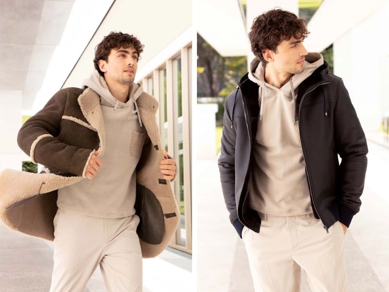 Shearling jacket phối áo hoodie và quần tây nam