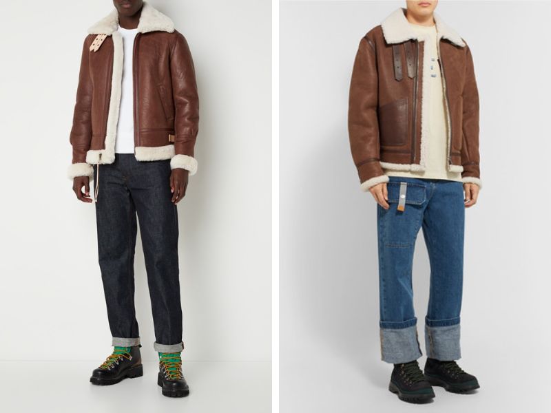 Shearling jacket phối áo thun và quần jeans ống suông