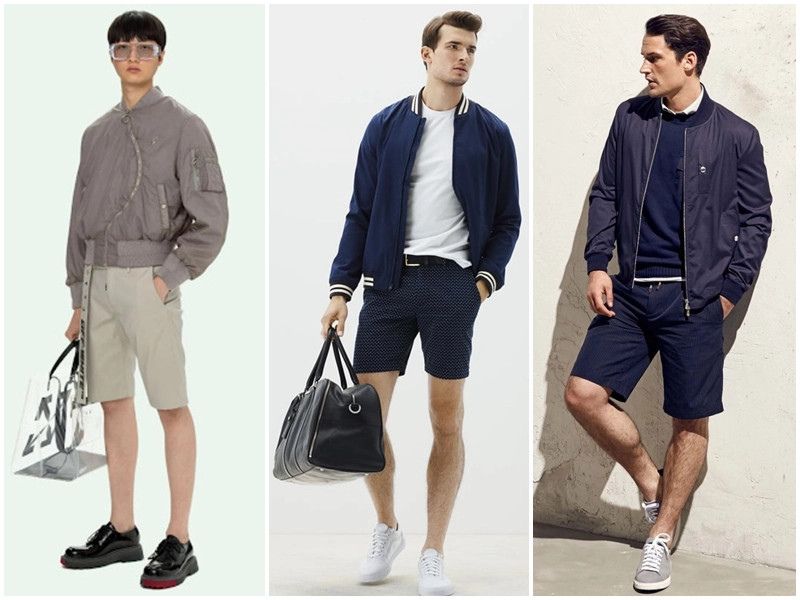 Mix áo khoác kaki bomber nam với quần short