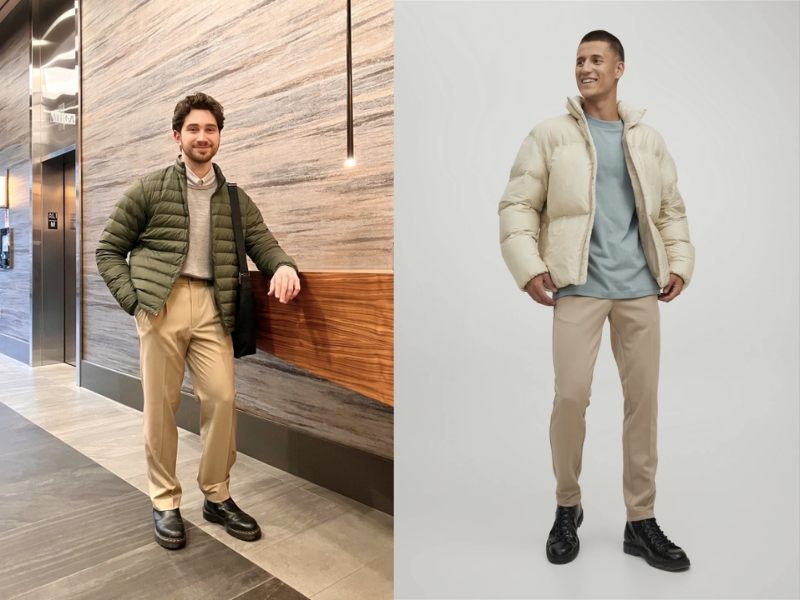 Phối quần chinos màu beige với áo khoác phao