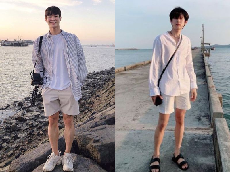 Áo sơ mi dài tay oversize và quần short kaki