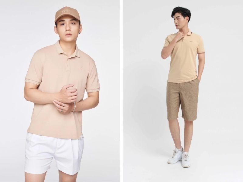 Áo polo nam màu be phối quần short