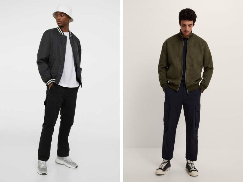 Mix quần ống rộng đen với áo bomber