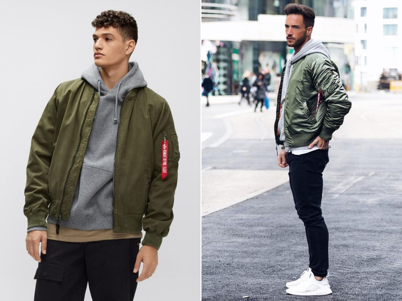 Áo khoác Bomber phối cùng áo hoodie thể hiện phong cách, cá tính