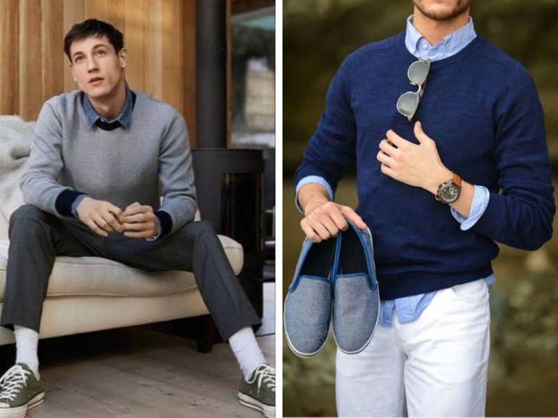 Áo sơ mi chambray phối áo len mỏng