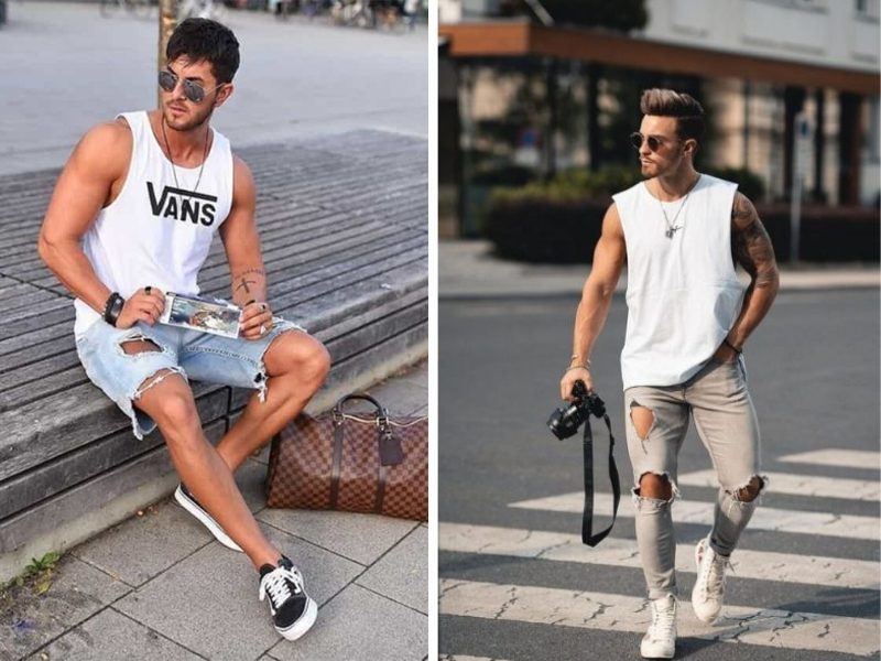 Kết hợp áo tank top cùng quần jeans rách giúp chàng thoải mái và tự tin hơn