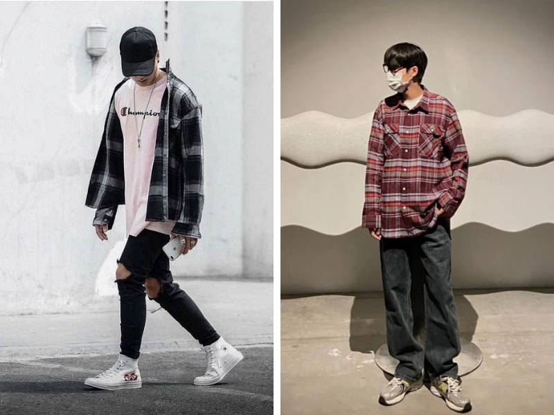 Mix áo khoác flannel caro cùng quần jean, áo thun