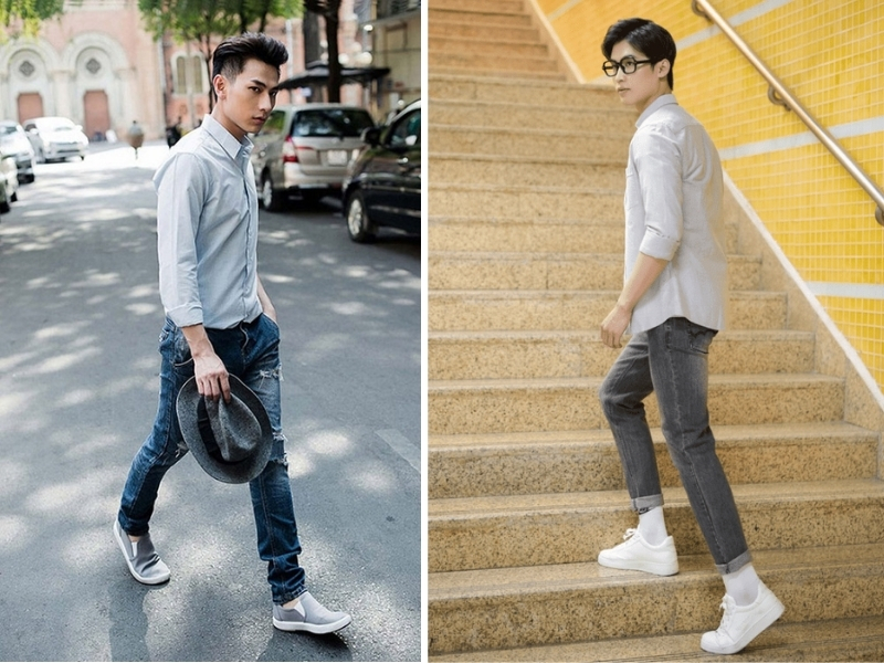 Phối áo sơ mi nam cùng quần jeans và giày thể thao