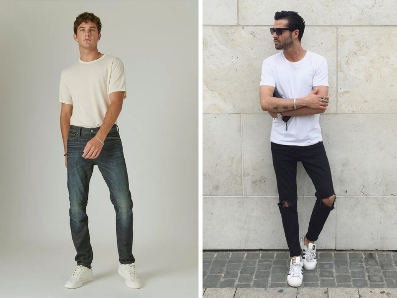 Phối áo phông trơn cùng quần jeans đơn giản, thanh lịch