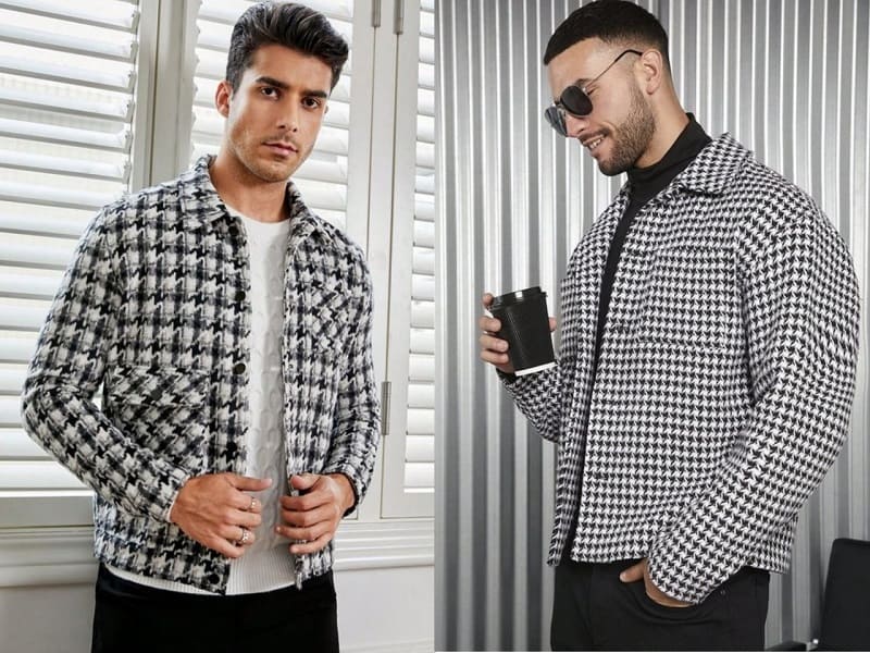 Áo khoác dạ có họa tiết Houndstooth luôn là sự lựa chọn của nhiều chàng trai