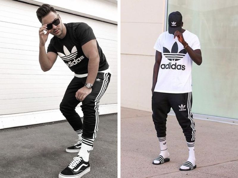 Quần jogger sọc trắng phối với áo thun