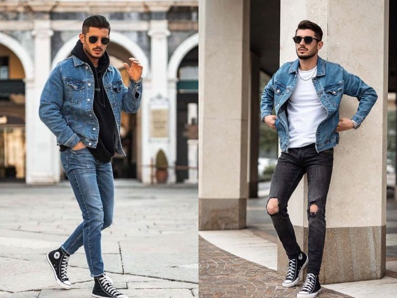 Mix giày Converse cổ cao với áo khoác jeans và quần jeans cá tính