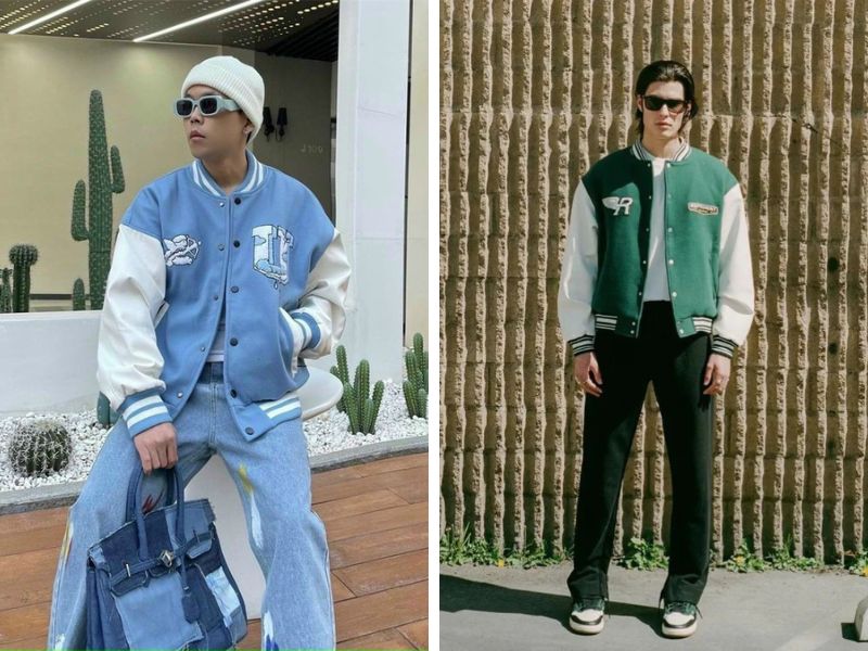 Nổi bật với với áo kaki bomber kiểu dáng bóng chày phối áo polo