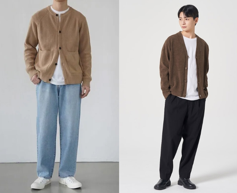 Phối đồ thư sinh với quần baggy nam, áo thun và áo khoác cardigan