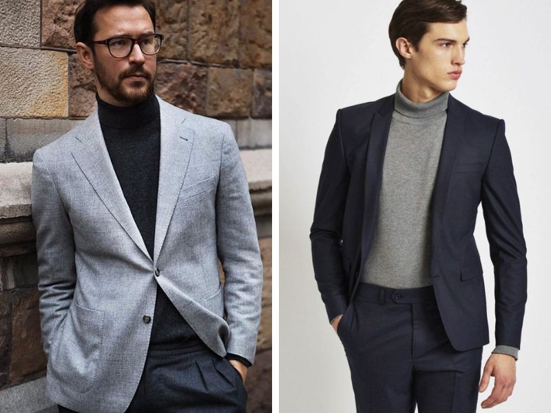 Mix-match áo len cao cổ với blazer nam màu xám 