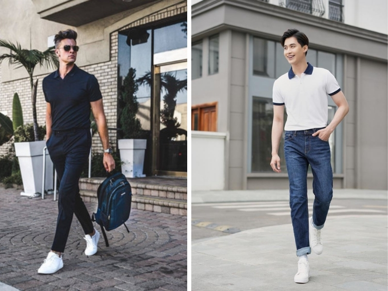 Kết hợp áo polo nam cùng quần jeans và giày thể thao