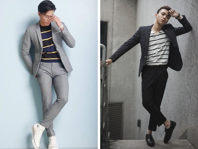 Blazer phối áo thun kẻ ngang