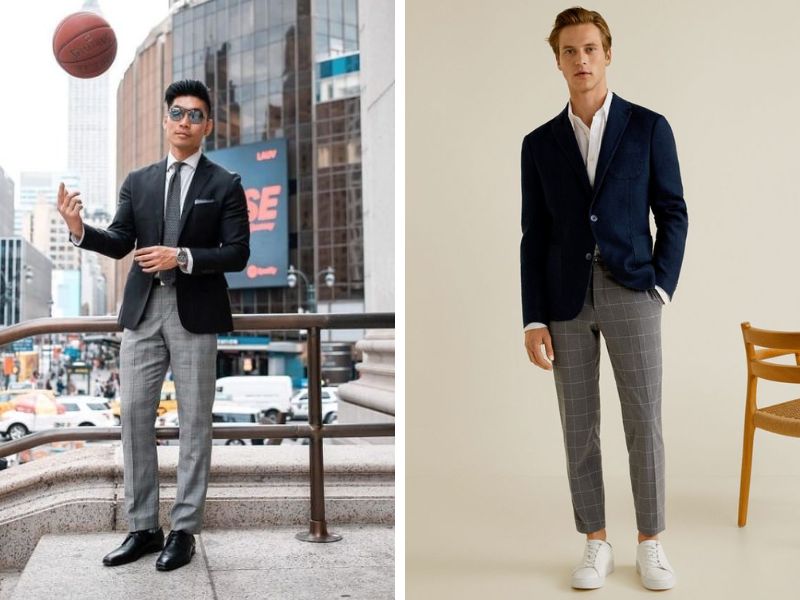 Áo blazer phối với quần kẻ caro nam