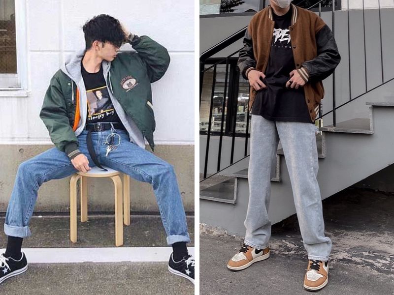 Phối áo áo khoác kaki bomber nam với quần baggy