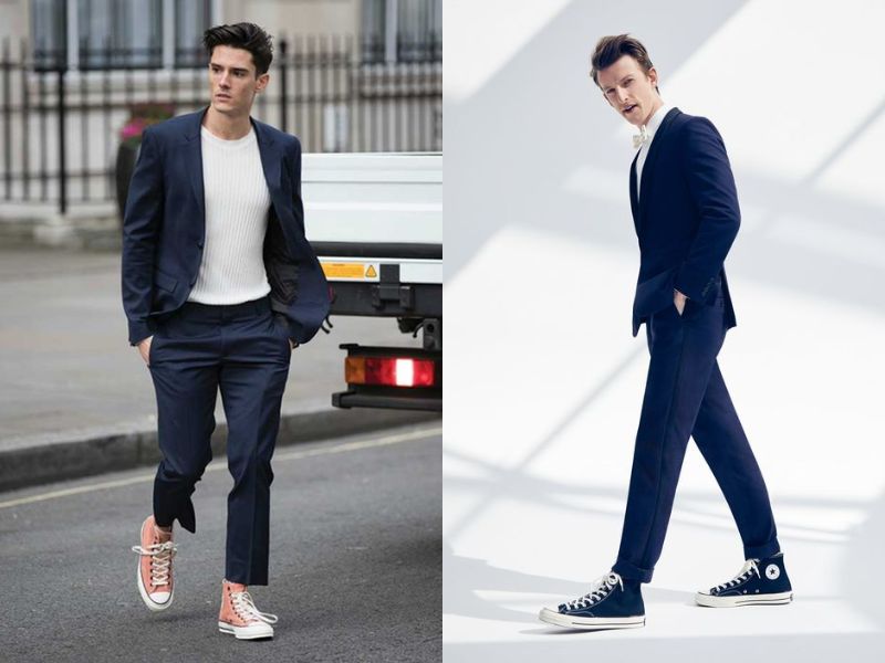 Phối giày Converse cổ cao nam với áo blazer và quần kaki