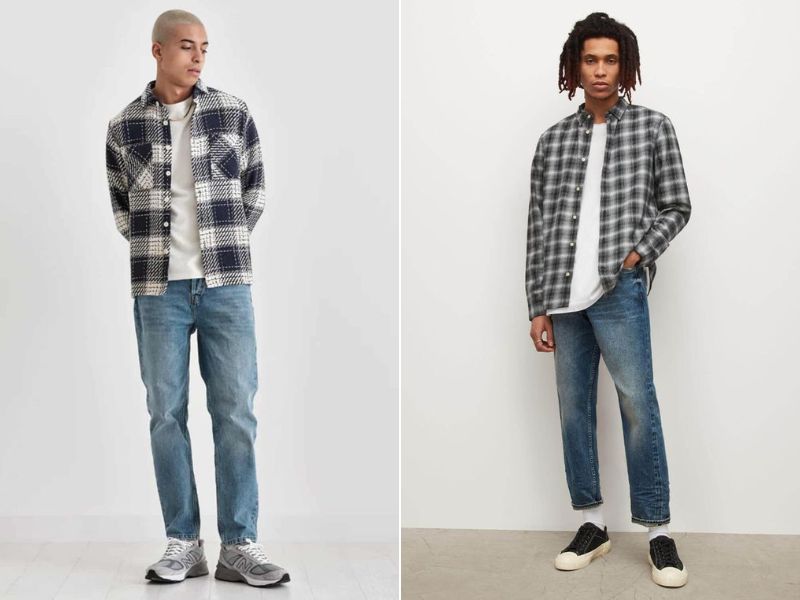 Phối đồ với áo flannel nam khoác ngoài cùng áo thun và quần jean ống suông