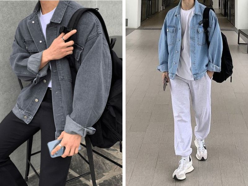 Áo khoác denim mix cùng áo phông trắng