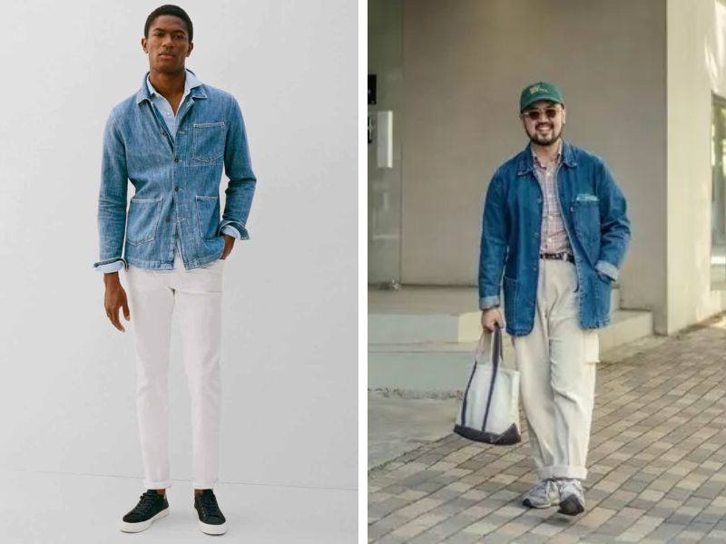 Mix áo sơ mi denim, áo khoác măng tô denim với quần baggy trắng