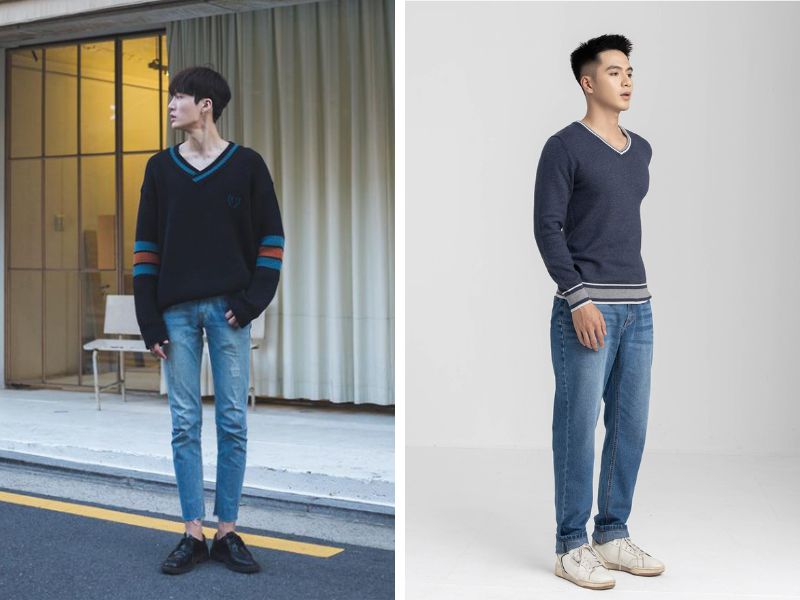 Áo len nam cổ tim tay dài phối quần jeans