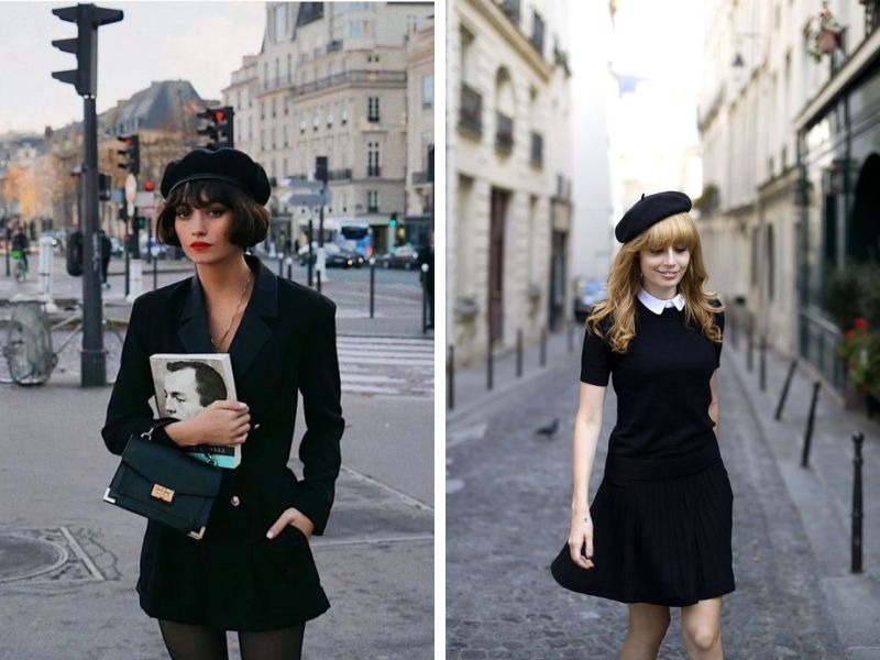 Phối áo váy đen và mũ beret phong cách parisian chic   