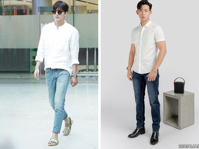 Phối đồ thời trang hàn quốc nam với quần jeans và áo sơ mi